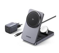 UGREEN MagFlow Qi2 15W Caricatore Wireless 3 in 1, Stazione di Ricarica Magnetico Compatibile con iPhone 16/15/14/13/12 Serie, AirPods Pro 2/3, Apple Watch 9/8/7/6/5/4/3/2/Ultra/SE 2/1