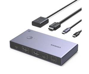 UGREEN Switch KVM USB-C+HDMI 1 Monitor 2 Computer con 4 Porte USB 3.0 4K@60Hz Alluminio per 1 Laptop & 1 Desktop Condividi One Monitor Tastiera Mouse Stampante con 1 Cavo HDMI+2 Cavi Type-C