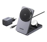 UGREEN MagFlow Qi2 15W Caricatore Wireless 3 in 1, Stazione di Ricarica Magnetico Compatibile con iPhone 17 Pro Max Air/16/15/14/13/12 Serie, AirPods Pro 2/3, Apple Watch 9/8/7/6/5/4/3/2/Ultra/SE 2/1