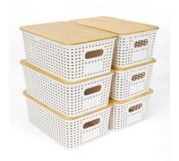 UHAPEER Scatola Portaoggetti Con Coperchio in Bambù, 6 Cesti in Plastica, Organizer da Cucina Bianco, Impilabile, 25,6 x 18 x 10,7 cm