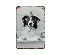 UHHYFVN Border Collie Bath Wall Art, cane e anatra di gomma vasca da bagno, stampa in bianco e nero decorazione da parete arte metallo latta poster moderno decorazioni bar 30 x 20 cm