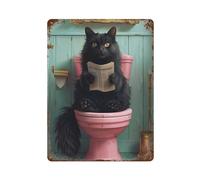 UHMVVT Gatto nero seduto su un bagno rosa e lettura giornale decorazione da parete arte metallo latta poster moderno bar decorations40x30cm