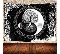 UHOMETAP GTQQUH666 - Arazzo da appendere alla parete con sole e luna, motivo mandala bianco e nero, con albero della vita, 203 x 152 cm, per camera da letto e dormitorio
