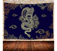 UHOMETAP GTWYUH114 - Arazzo artistico con drago, leggenda della mitologia cinese, drago dorato e nuvola con fiori, arazzo bohémien, per camera da letto e soggiorno, decorazione per la casa, 203 x 152
