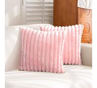 Uhomy Set di 2 federe decorative per cuscini in finta pelliccia, lussuose, super morbide, a righe, per divano, camera da letto, comode, spesse e soffici, 50 x 50 cm, rosa brillante