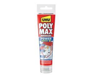 UHU POLY MAX - Colla di montaggio POWER Tube trasparente, adesivo di montaggio e sigillante ad alta resistenza finale, 115 g