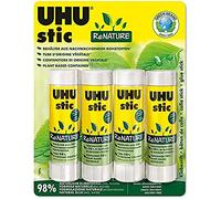 UHU stic ReNature 4x40g colla naturale con tubetto in bioplastica colla per bambini, sicura da usare per i lavoretti, adatta per la scuola, l'ufficio, l'università