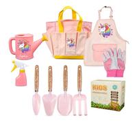 UIDMEN Set da giardino personalizzato per bambini, con fiore di nascita e nome, include borsa, annaffiatoio, pala, grembiule, giocattoli all'aperto per bambine/ragazzi, regali di compleanno