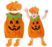 UieaMsio 3 Pezzi Pagliaccetto Neonati Halloween,Costume da zucca per bambini, Vestito Zucca Neonato,Halloween Costume Zucca Bimbo,con Cappello e Scarpa