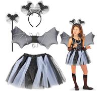 UieaMsio 5 Pezzi Costume da Pipipistrello per Bambini, Cerchio per Capelli + Gonna Tutù + Ali + Bacchetta e Facciale, Ali Pipistrello Bambina, Copricapo Ali per Halloween, Festa Cosplay Vampiro (B)