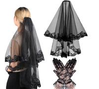 UIEXAY Velo da Sposa in Pizzo Nero, 1pcs Velo Gotico a 2 Ripiani, Guanti Corti in Pizzo Guanti da Sposa, per Halloween, Carnevale, Matrimonio, Cosplay