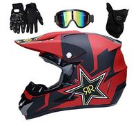 UIGJIOG Bambino esterno Casco da motociclista, Casco da cross con mascherina guanti occhiali, Caschi da MTB integrale set per moto da fuoristrada da fuoristrada in discesa,Rosso,L(56~57cm)