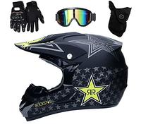 UIGJIOG Casco Moto Rockstar Bambino Casco da Motocross Set con Occhiali Guanti Face Mask, Casco da motociclista AVT MX integrale per Downhill Offroad Enduro Scooter Sport,Nero,M(54~55cm)