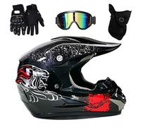 UIGJIOG Casco Motocross Uomo ,Tema Di Disegno Di Stampa in Nero Casco Cross Bambino with Occhiali Guanti Maschera Antivento Include 4 Misure Di Rivestimento Del Casco Certificazione DOT,Nero