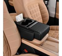 UIHECTA Cuscino Bracciolo Console Centrale Auto, Rivestimento Bracciolo Veicolo 4 in 1 in Pelle Memory Foam con Portafazzoletti 2 Borse Laterali Portabicchiere Portatelefono,Nero,Style B