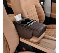 UIHECTA Cuscino Bracciolo Console Centrale Auto, Rivestimento Bracciolo Veicolo 4 in 1 in Pelle Memory Foam con Portafazzoletti 2 Borse Laterali Portabicchiere Portatelefono,Brown Coffee,Style B