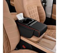UIHECTA Cuscino Bracciolo Console Centrale Auto, Rivestimento Bracciolo Veicolo 4 in 1 in Pelle Memory Foam con Portafazzoletti 2 Borse Laterali Portabicchiere Portatelefono,Black Red,Style B
