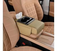 UIHECTA Cuscino Bracciolo Console Centrale Auto, Rivestimento Bracciolo Veicolo 4 in 1 in Pelle Memory Foam con Portafazzoletti 2 Borse Laterali Portabicchiere Portatelefono,Beige,Style B