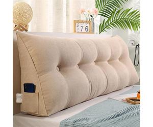 UIHECTA Cuscino Testata Triangolare Cuscino per Testiera A Cuneo Sostegno alla Lettura Cuscino Lombare Schienale Dormeuse per Leggere A Letto con Rivestimento Sfoderabile,Beige,L200×W20×H50cm