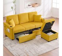 UIHECTA Divano Componibile A L Contenitore E Pouf Mobile, Divano Componibile A 3 Posti in Velluto A Coste Ricarica USB Portabicchieri e Luce LED, Divani Trasformabili Soggiorno,Giallo