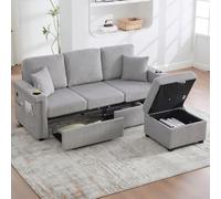 UIHECTA Divano Componibile A L Contenitore E Pouf Mobile, Divano Componibile A 3 Posti in Velluto A Coste Ricarica USB Portabicchieri e Luce LED, Divani Trasformabili Soggiorno,Grigio