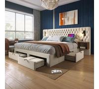 UIHECTA Set Completo Camera Letto, Letto Matrimoniale Imbottito 2 Comodini E 4 Cassetti, Luce Lettura sulla Testiera con Funzione di Ricarica USB,Beige,180cm* 200cm