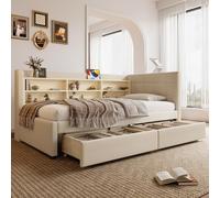 UIHECTA Struttura Letto Angolare Completa con Libreria Contenitore E Scrivania, Divano Letto con Stazione di Ricarica E 2 Cassetti Portaoggetti, Letto A Piattaforma Matrimoniale,B3