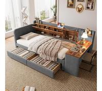 UIHECTA Struttura Letto Angolare Completa con Libreria Contenitore E Scrivania, Divano Letto con Stazione di Ricarica E 2 Cassetti Portaoggetti, Letto A Piattaforma Matrimoniale,A1
