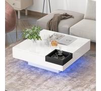 UIHECTA Tavolino caffè Moderno Quadrato A LED, Tavolino Cocktail Moderno E Minimalista Quadrato con Vassoio Rimovibile per Soggiorno E Camera da Letto,Bianca