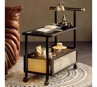 UIHECTA Tavolino da caffè Moderno E Mobile, Carrello in bambù con Braccioli, Carrello Bar con Ruote E Cestino in Rattan, per Soggiorno E Camera da Letto,Nero,Length:70cm