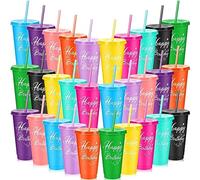 Uiifan 30 bicchieri con cannuccia e coperchio, bottiglie per acqua e caffè freddo, riutilizzabili, in plastica, da viaggio, per compleanni, anniversari, bomboniere (680,4 g, 10 colori)