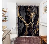 Uiiooazy Tenda Doccia Antimuffa, Tenda da Doccia 150x180cm Nero e Oro Effetto Marmo Astratta Grigio Giallo Tende da Bagno Tessuto Lavabile Impermeabile Poliestere Tende Vasca da Bagno con 10 Anelli