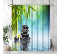 Uiiooazy Tenda Doccia Antimuffa, Tenda da Doccia 180x180cm Bambù Spa Foglie Verde Pietre Nero Zen Tende da Bagno Tessuto Lavabile Impermeabile Poliestere Tende per Vasca da Bagno con 12 Anelli