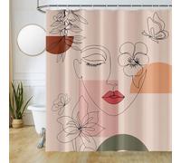 Uiiooazy Tenda Doccia Antimuffa, Tenda da Doccia 180x220cm Boho Style Rosa Astratta Nero Linee Fiori Tende da Bagno Tessuto Lavabile Impermeabile Poliestere Tende per Vasca da Bagno con 12 Anelli
