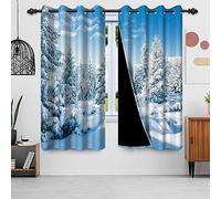 Uiiooazy Tende Foresta Oscuranti Blu Bianca - Inverno Paesaggio Fiocco di Neve, Termica Isolante Freddo Con Occhielli per Camera da Letto Interni Finestra Soggiorno - 2 Pannelli, 107Lx160Acm