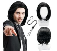 UILYNIU 2 Pezzi Parrucca Nero Corta con Cravatta Bolo, Parrucca Uomo Donna, Punk Rock Anni 80 90 Accessori per Feste Cosplay Halloween Carnaval Uso (2 Pezzi)