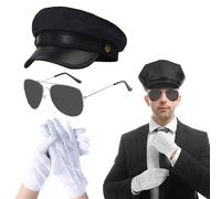 UILYNIU 3 Pezzi Accessori Per Costume da Autista, Cappello Autista Occhiali Da Sole Guanti Bianchi, Accessori Costume Da Autista Di Taxi Degli Anni 80 Per Cosplay Autista di Matrimonio Feste a Tema
