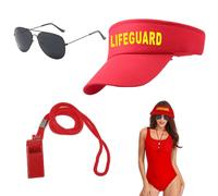 UILYNIU 3 Pezzi Costume Bagnino, Lifeguard Accessori Bagnino con Regolabile Rosso Cappello da Bagnino Fischietto Occhiali da Sole, Costume Halloween Carnevale per Uomo Donna Adulti Beach Festa (3PCS)