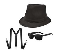 UILYNIU 3 Pezzi Costume da Gangster Uomo Adulto, Accessori Anni 20s per Costume Uomo Fedora Cappello Panama Elastica Bretella Occhiali da Sole, Costume in Maschera da Boss Gangster Fancy Dress