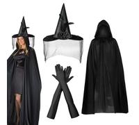 UILYNIU 3 Pezzi Costume da Strega di Halloween, Mantello Da Strega Con Cappello Guanti Lunghi Neri e Cappello da Strega, Accessori Strega Halloween, per Halloween Carnevale Cosplay