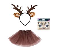 UILYNIU 3 Pezzi Costumi da Natale da Renna per Bambine, Costume Animale Orecchie di Cervo Fascia Tatuaggio Viso Cervo Gonna Tutu, Cosplay Renna per Bambino Fancy Dress Halloween Natale Costume (3PCS)