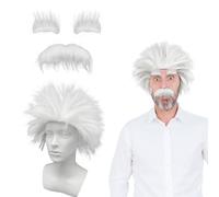 UILYNIU 3 Pezzi Costumi da Professore Scientifico Set Parrucca Bianca con Baffi Parrucca Scienziato Parrucca Uomo Parrucca Costume Nonno Parrucca Vecchio per Feste Cosplay (Bianco)