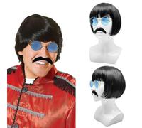 UILYNIU 3 Pezzi Nero Parrucca Baffi Occhiali da Sole Parrucca Hippie Parrucca Anni 70 Hippie Costume Set per Costumi in Maschera per Feste Carnevale Halloween (Nero)
