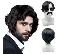 UILYNIU 3 Pezzi Parrucca Nero Da Uomo e Baffi, Occhiali Da Sole Funky, Riccia Afro per Adulti, Hippie Popstar Anni 70s 80s per Costumi in Maschera Halloween (Nero)