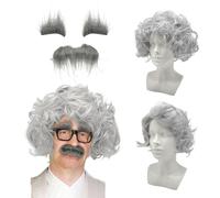 UILYNIU 3 Pezzi Set di Parrucche Grigie con Barba Costume da Scienziato Pazzo Parrucca da Professore Parrucca Uomo Parrucca Nonno Vecchio Baffi Grigi per Feste Cosplay Halloween Natale(Grigio)