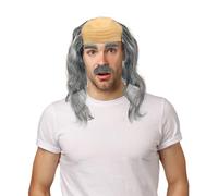 UILYNIU 3 Pezzi Set Parrucca Calvo Nonno Grigia, Parrucca Semi Calva, Baffi e Sopracciglia Finte, Costume Uomo