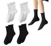 UILYNIU 4 Paia Calze Donna 4-7 Calzini Nere Calze Bianche Calze Volant Calzini Donna Eleganti Calze Sottili Traspiranti Calze a Tinta Unita Calze Lavorate a Maglia per Donne Ragazze (4 Paia)