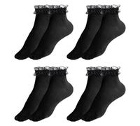 UILYNIU 4 Paia Calzini Nero Donna Calzini Pizzo Calze Volant Donna Calzini con Volant Calze Donna Calzin Maglia Adulti Calzini Delicati Calzini Cotone Calzini da Balletto per Ragazze Donna