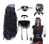 UILYNIU 4 Pezzi Nero Set Accessori Costume da Pirata Accessori Pirata Parrucca da Pirata Adulto Bambino Cappello da Pirata Barba Pirata Benda Occhio per Halloween Carnevale Cosplay Party(4 Pezzi)