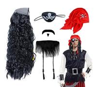 UILYNIU 4 Pezzi Set Accessori Costume da Pirata Accessori Pirata Parrucca da Pirata Adulto Bambino Cappello da Pirata Barba Pirata Benda Occhio per Halloween Carnevale Cosplay Party (4 Pezzi)